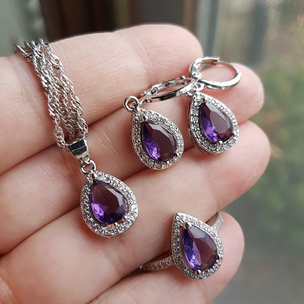 Swarovski Elements 925 Sterling Silver Amethyst Purple Teardrop Ring NEW